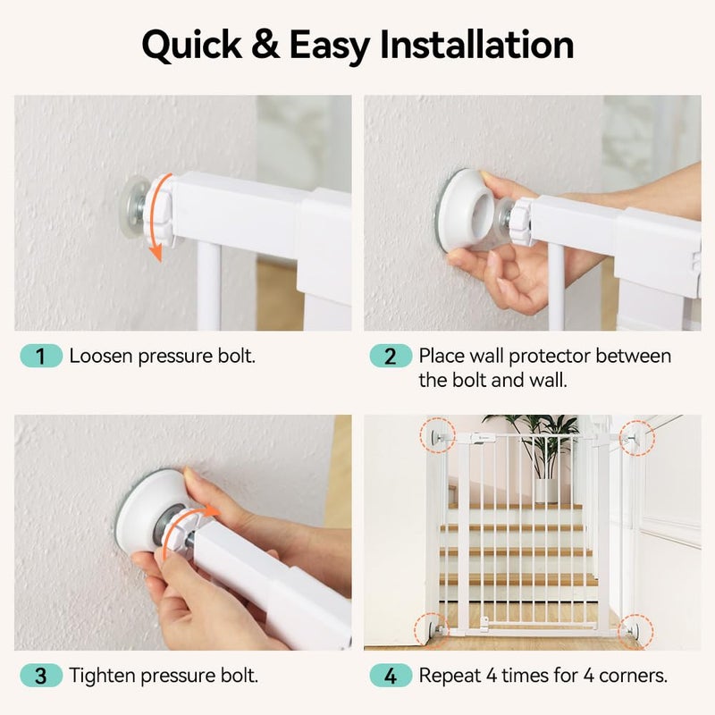 Commomy 4 Pack Baby Gate Wall Protector, Safety Child Gate Extender Wall Cups, Baby Gate Wall Guard for Protect Walls & Doorways from Pet & Dog Gates, Pressure Mounted Gates Extension Kit, White - Image 5